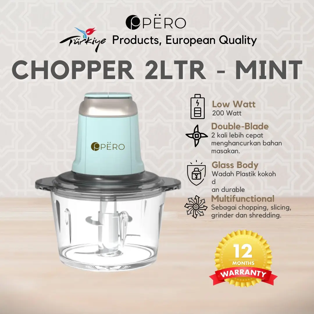 [Exclusive Celyhome] Pero Glass Chopper 2 Liter / Food Processor 200 watt / Penggiling Daging Sayur Buah Es Batu / Chopper Kaca Tebal, 4 Mata Pisau