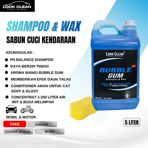 LOOK CLEAN Shampoo & Wax Premium 5 Liter Bubble Gum - Shampoo Cuci Kendaraan dengan Efek Kilap & Daun Talas - Gratis Spons Cuci & Sticker Official