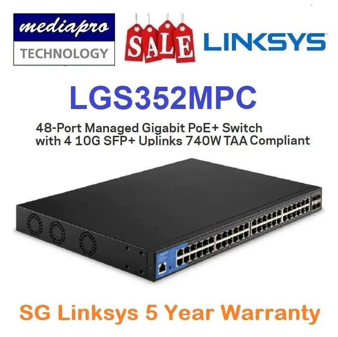 Linksys LGS352MPC 48-Port 740W PoE+ & 4x 10G SFP+ Managed Gigabit Switch, TAA Compliant ( LGS352MPC-EU ) - 5 Year Local Linksys Warranty