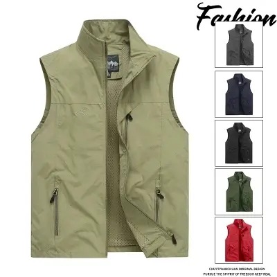 Men's Sleeveless Jacket Outdoor Breathable Hiking Mountaineering Vest Plus Size Quick Drying Fishing Vest Stand Collar Multi Pocket Waistcoat