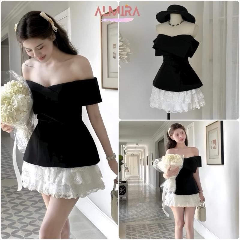 Sét Váy Áo Trễ Vai Tuyết Mưa Màu Đen + Chân Váy Ren Nhiều Tầng Sang Chảnh Tiểu Thư (Tặng Kèm Đai Lưng)