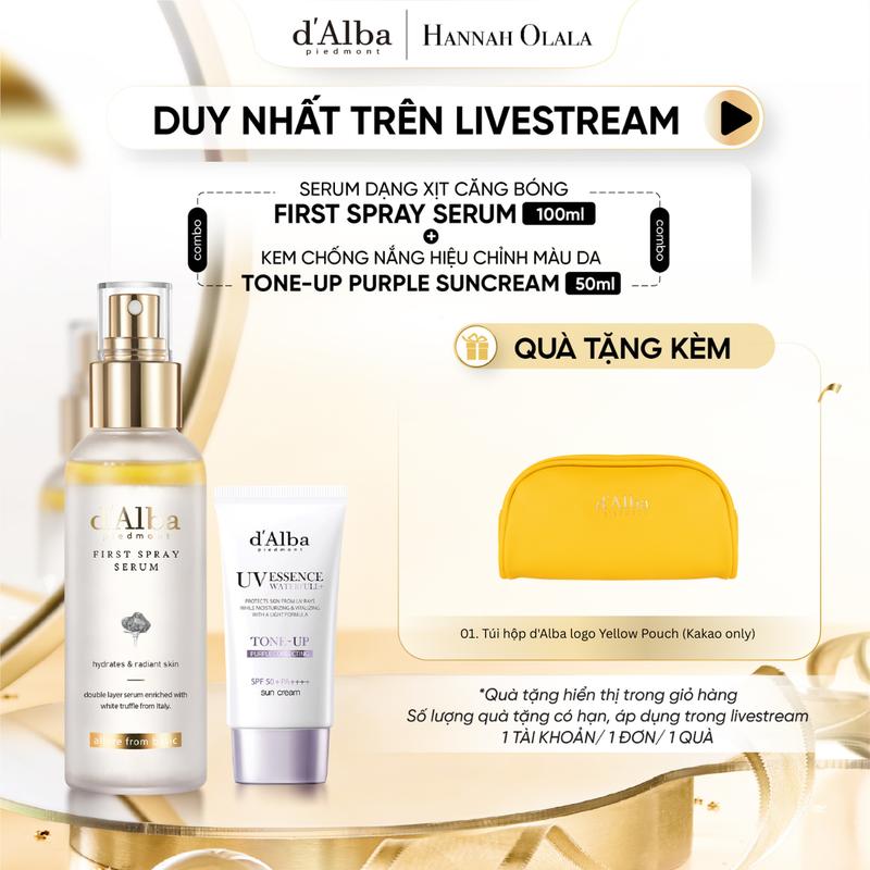d'Alba x HannahOlala COMBO Serum dạng xịt First Spray d'Alba White Truffle 100ml & Kem chống nắng TÍM d'Alba Waterfull Tone-Up Sun Cream Purple 50ml Skincare