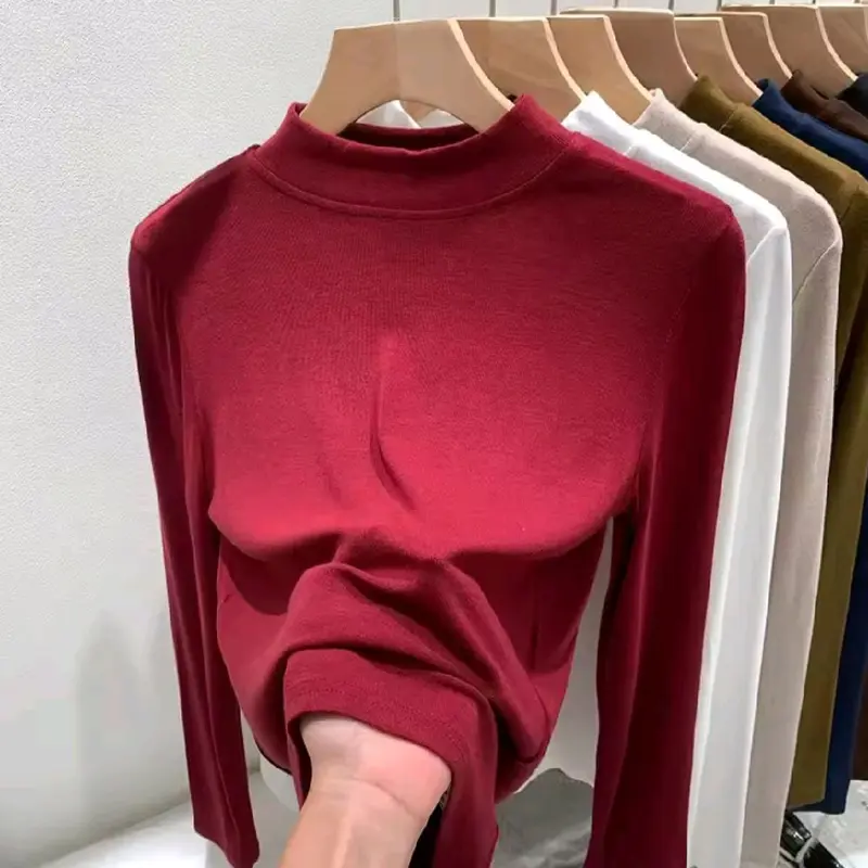 Atasan Wanita Kaos Manset Lengan Panjang Setengah Turtle Neck Top Model Classy & Santai Polos All Size - Oversize - Kerah, Baju, Tangan Katun T-Shirt Oblong Basic Hitam Simple - Pendek Cewek Tee Casual Formal Putih Rayon Stretch Maroon 0