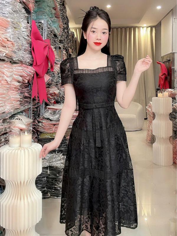 C050 Đầm ren thiết kế form xoè tay bồng nhẹ che bắp tay vải mềm mặt mát phối nơ eo cách điệu đầm đi dự đám cưới váy đi tiệc đi làm đi chơi by Thương Lê C050