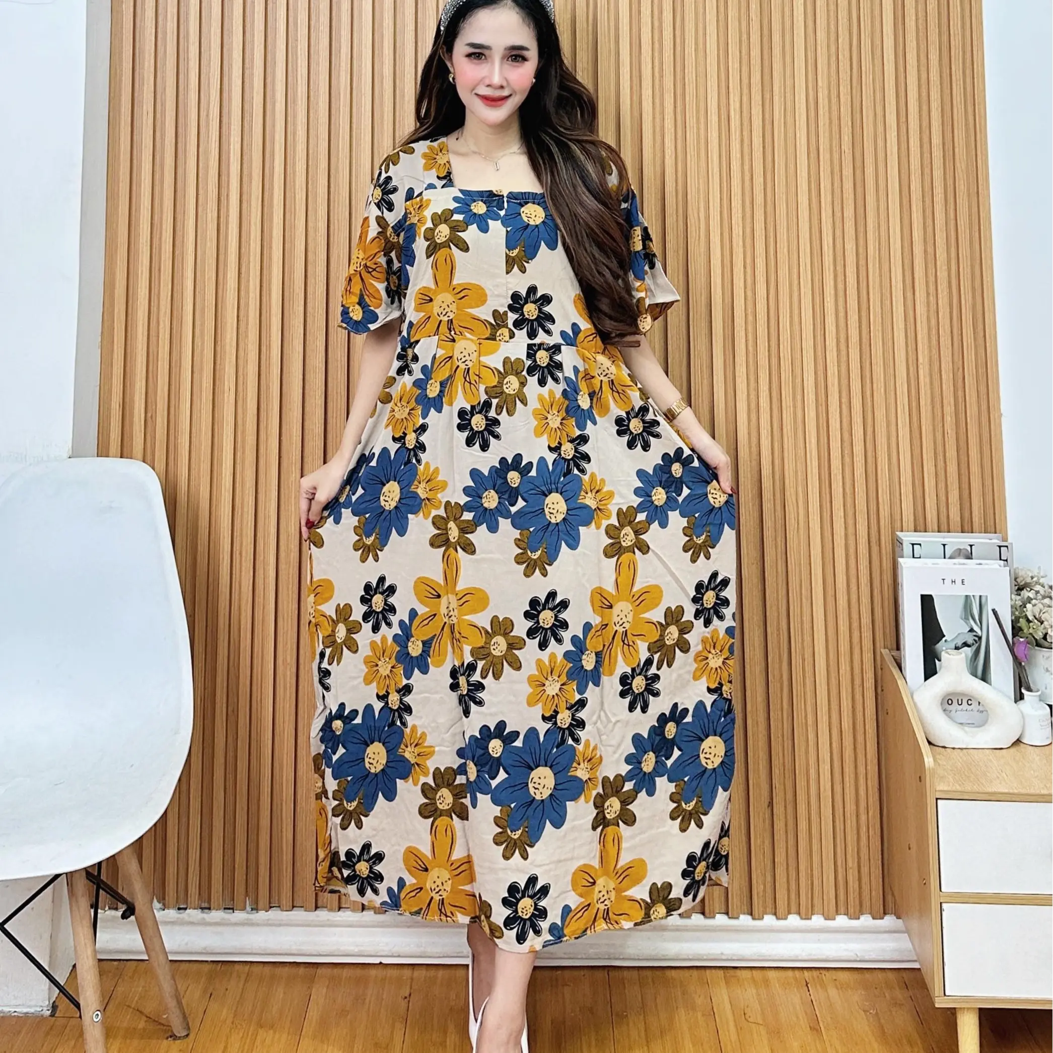Dress Rayon Motif Bunga Busui Friendly Ruffle Santai Wanita Midi - Panjang - Casual, Pendek, Nyaman Lembut