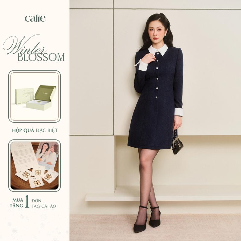 Winter Blossom Váy dạ tweed dáng A phối cổ tay trắng có măng séc lật VA508 chất liệu cao cấp thời trang thiết kế Calie