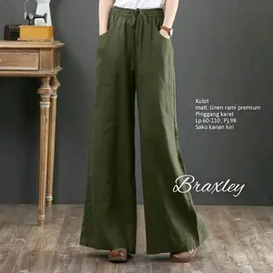 Braxley Kulot Jumbo Linen Rami Premium PJ 100 Matt Pinggang Karet Saku Kanan Kiri Celana Wanita
