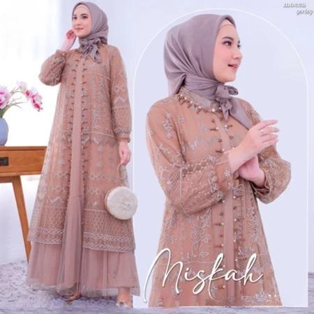 Gamis Pesta Premium Branded Miskah Set Dress BO Size M L XL XXL LD 100-120 CM Bahan Skirt Mix Tille Inner Tile Import Aplikasi Payet Baju Wanita Terbaru Viral  Warna Black Blue Dusty Dove Mocca Nude 2