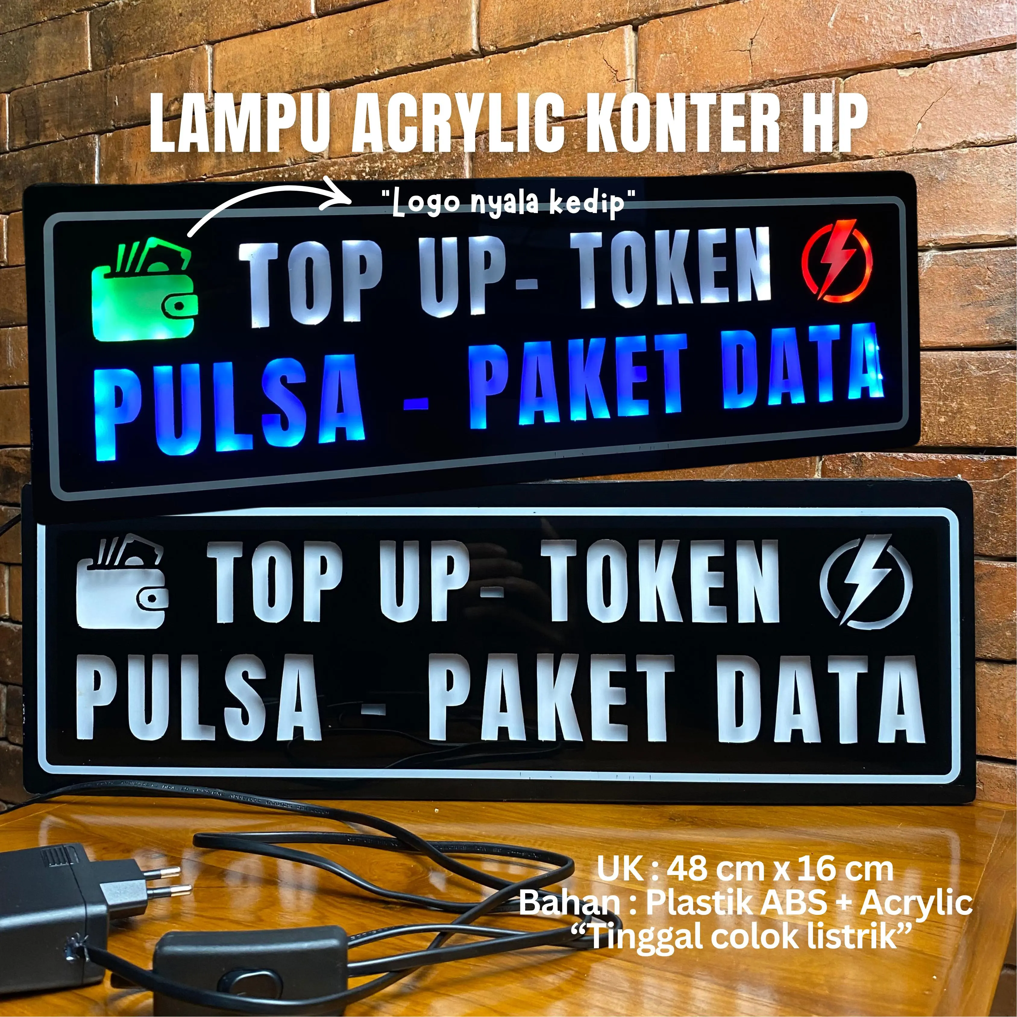 Lampu Neon sign/ Neon box mini/ logo berkedip tulisan estetik Lampu tulisan penanda Usaha warung atau konter HP TOP UP /PLUS LOGO BERKEDIP