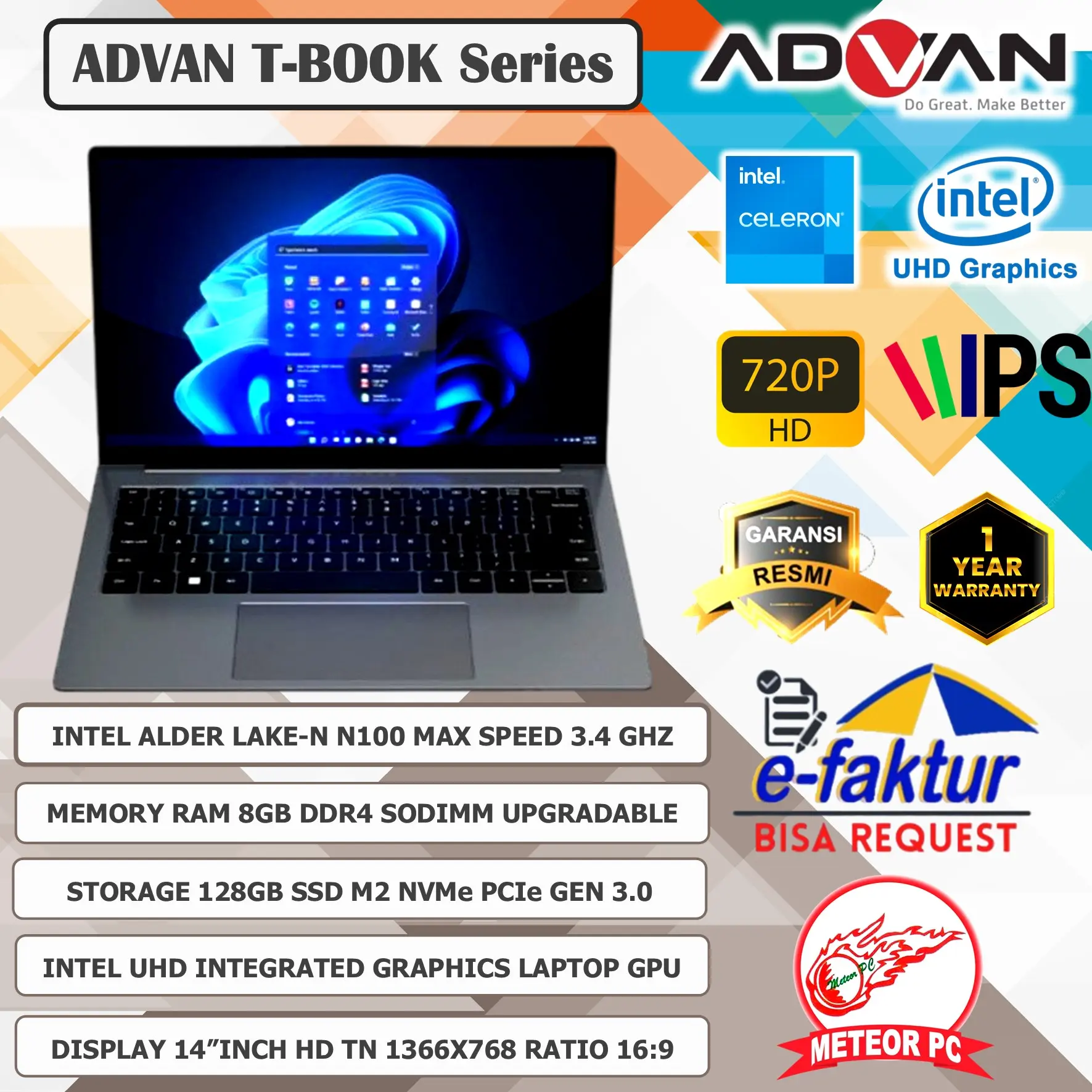 Advan Laptop TBOOK 14 inch Intel N100 8GB / 128GB Free Windows 11