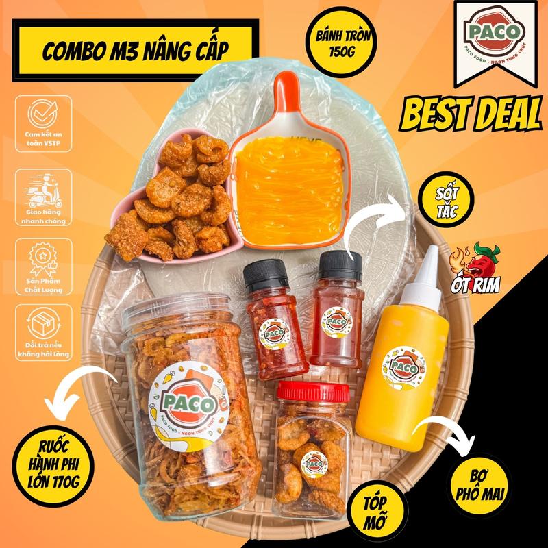 [M3 KÈM HỦ RUỐC TO] combo bánh tráng phơi sương bơ phô mai m3 paco food đầy đủ topping bánh tráng 150g tóp mỡ kèm sốt-đồ ăn vặt snacks