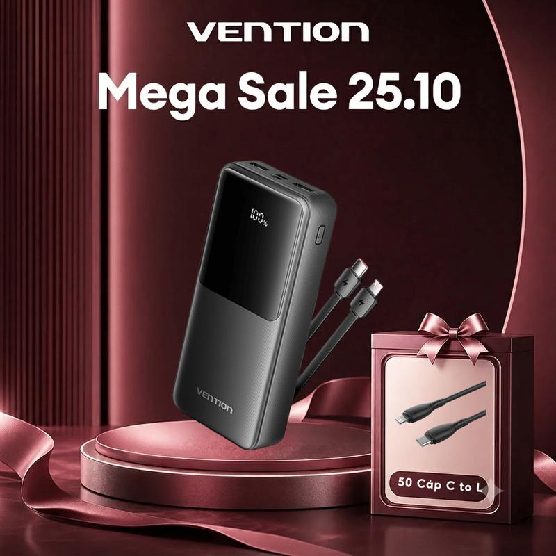 Pin Sạc Dự Phòng 22.5W Vention 20000mAh,Có Sẵn Dây Cáp Type C Và Light, Hỗ Trợ Nhiều Thiết Bị, Màn Hình Hiển Thị LED