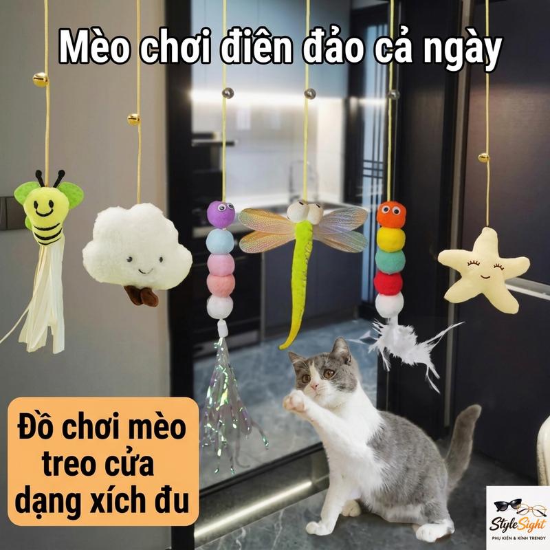 Đồ chơi mèo tự chơi treo cửa, xúc xắc đàn hồi ong/chuồn chuồn/sâu