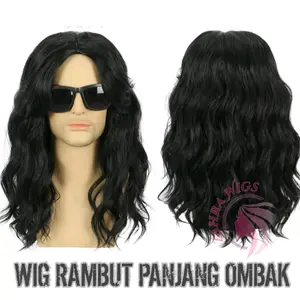 WIG PRIA RAMBUT PANJANG KERITING BELAH TENGAH WARNA HITAM  KODE BADEL PANJANG