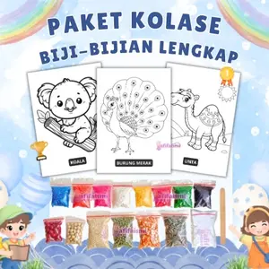 PAKET LENGKAP KOLASE BIJI-BIJIAN Tinggal Tempel Untuk Prakarya dan Kerajinan - Free Lem, Gambar HVS A4, 14 Jenis Biji-bijian Beragam Warna, Alat Lengkap