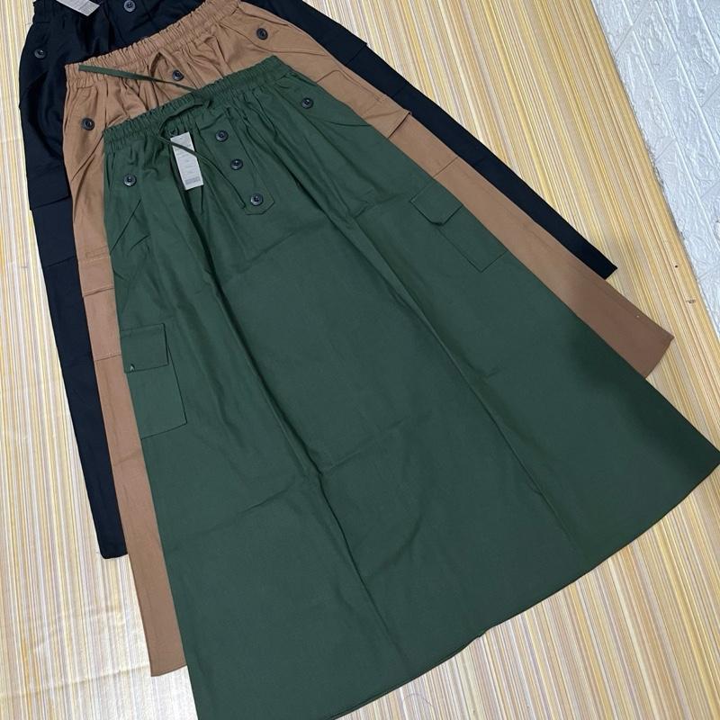 Yoorah Skirt Rok cargo wanita bahan katun cigaret  Hitam pakai Serut pinggang rok Dewasa Casual Bawahan rok Panjang Variasi Kancing Nyaman 5