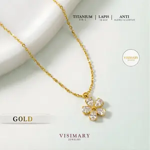 Visimary • Kalung Model Baru Titanium Liontin Flower Kaca Permata Zircon Tanam - Perhiasan Wanita Korean Style - Anti Karat Tidak Luntur
