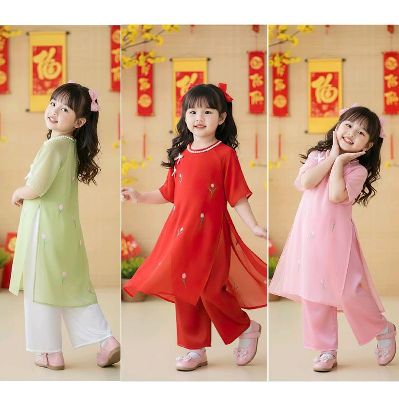 Sét Áo dài Tết vải tơ thêu mềm mịn gắn nơ + quần lụa phi bóng đỏ 9-35kg tặng cài ngọc và vòng cổ