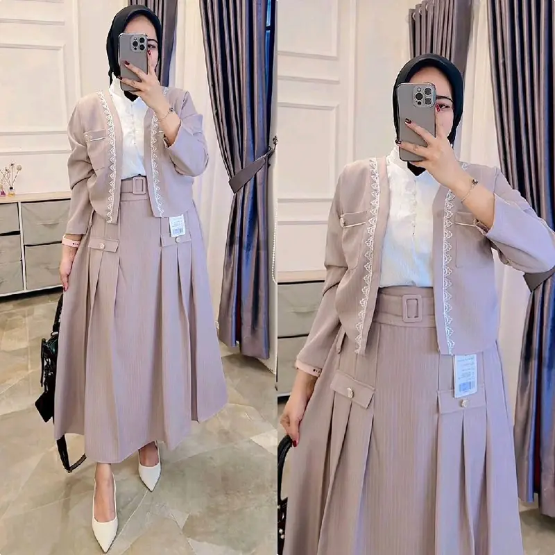 one set moana  salur baju rok setelan wanita muslim lengan panjang mewah premium korean style Dewasa Remaja (free belt) Casual Katun Casual Dress Simple 1