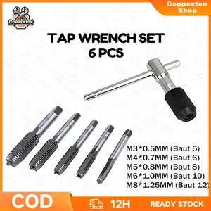 Coppexton Shop Hand Tap Set 6 PCS M3-M8 Gagang T-Shape HSS untuk Membuat Drat Baut Kayu & Logam M3 hingga M8