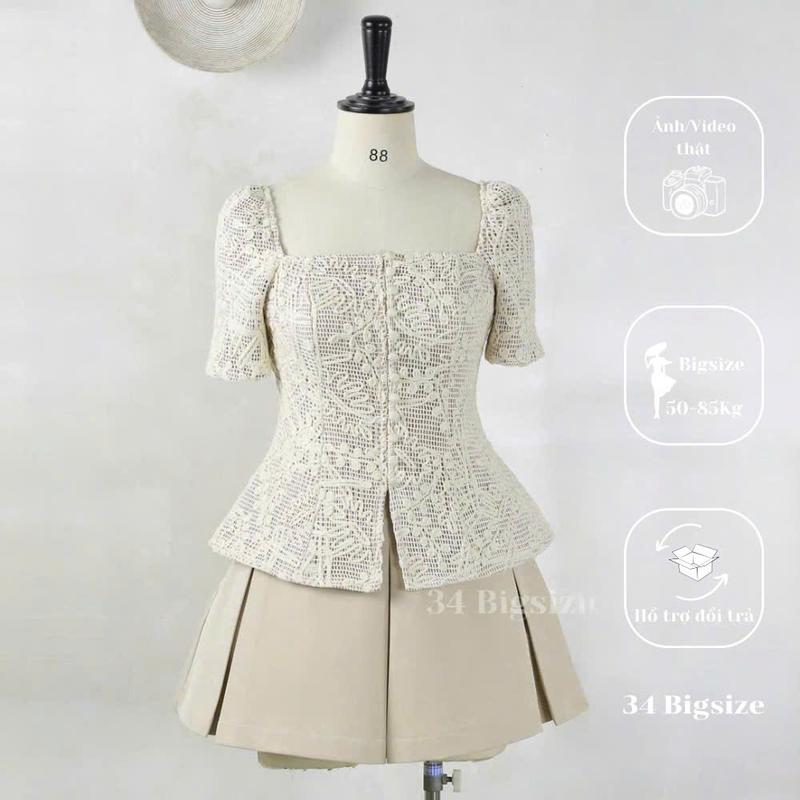 Áo ren phối cúc 34AK052 áo bigsize kiểu ren cổ vuông tay phồng kiểu dáng sang trọng nhẹ nhàng phù hợp dự tiệc dạo phố