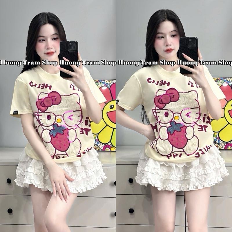 ÁO THUN BABYTEE THÊU MÈO ÔM DÂU KIM SA - Áo thun form vừa (35-55kg) , chất cotton 4 chiều mềm mát , phom dáng ngắn , áo thun nữ phom vừa