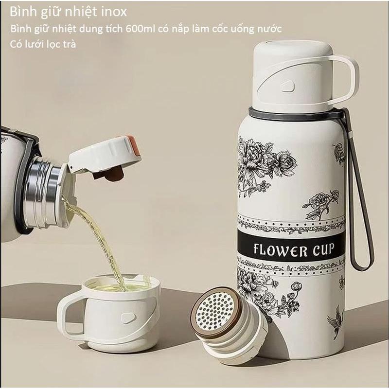 Bình giữ nhiệt inox , bình giữ nhiệt dung tích 600ml có nắp làm cốc uống nước, có lưới lọc trà