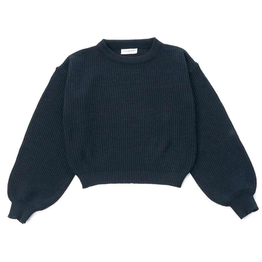 Fly On Knit&Sweat Crop Oversize Wanita - Simple Basic Black Knitted