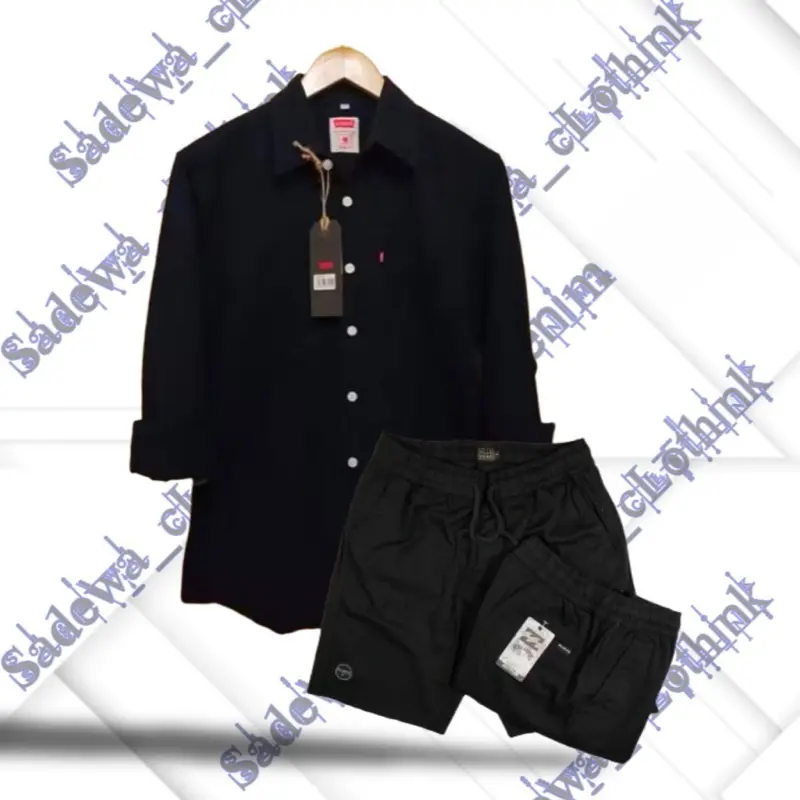 PAKET HEMAT COD Setelan Kemeja Lengan Panjang Pria Dewasa Celana Pendek Pria Dewasa Laki Laki One Set Pria Polos Lengan panjang Katun 1