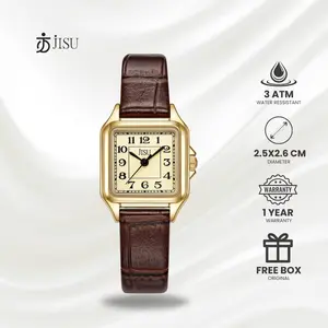Jam Tangan Wanita Anti Air Kasual Strap Kulit Anti Kerut Segi Gold Mewah Elegant 75001 Jisu Watch