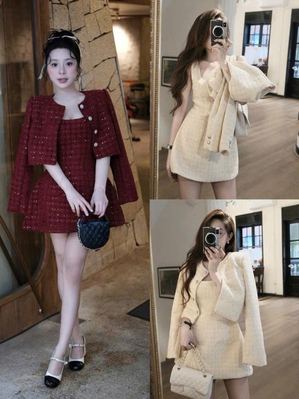    Sét 2 Món   Sét Bộ Nữ Váy Balo Form A ngắn mix áo Khoác Dài tay 2 lớp chất dạ mềm mại MS479 
