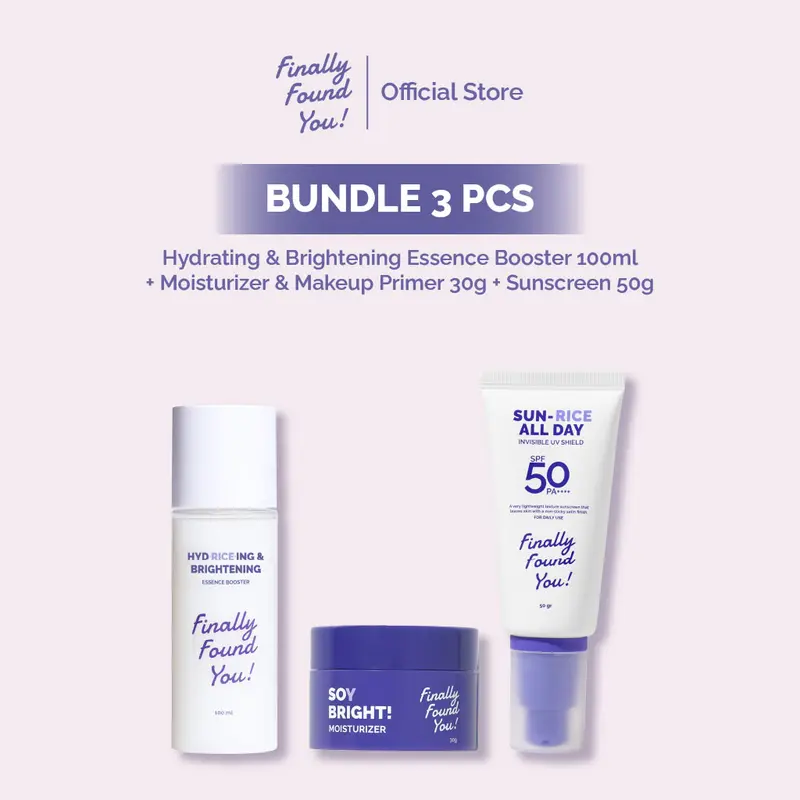 [LIVE RAMADHAN] Finally Found You! BUNDLE BASIC SKINCARE: Soy Gentle Face Cleanser + HYDRICEING & BRIGHTENING Essence Booster + Soy Bright Moisturizer & SUN-RICE ALL DAY Invisible UV Shield 3