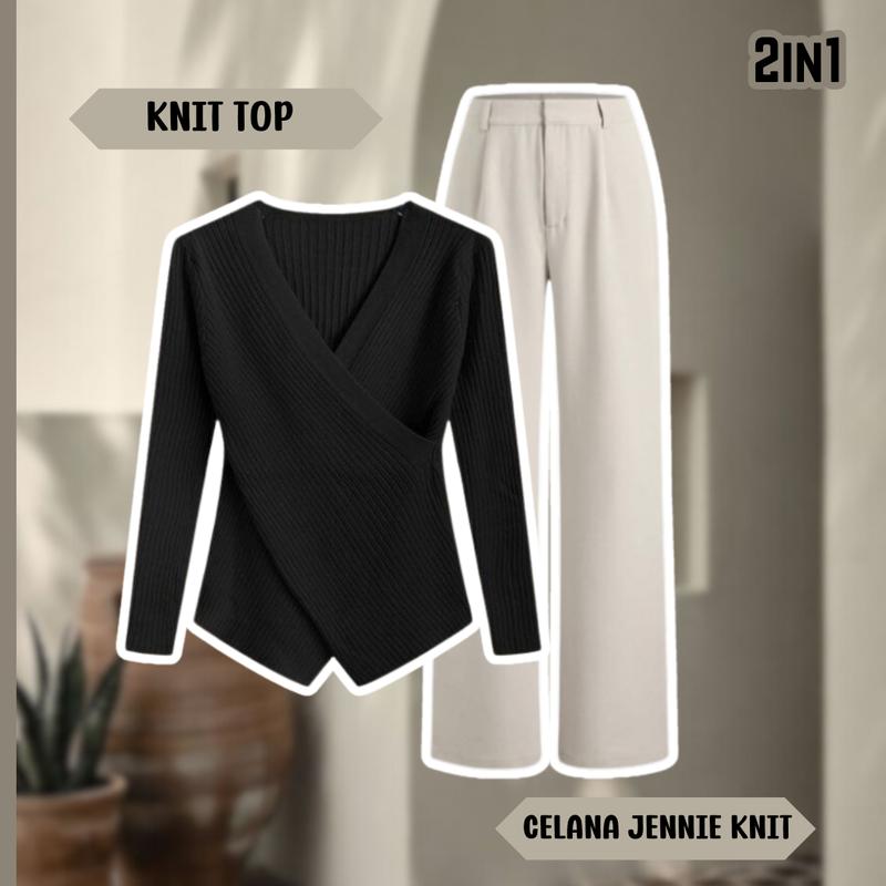 Setelan Pakaian Wanita Kekinian Satu Set Outfit Hangout - Top Knit + Jennie Knit Pants + Belt(RF0031) Atasan Bawahan Celana Panjang Kantong Kulot Baju Blazer Linen 3