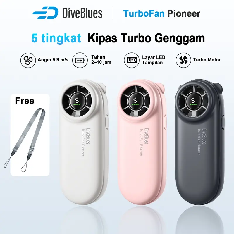 Diveblues Kipas Portable Genggam Kipas Angin Mini Turbo Strong Portable 14500RPM Rechargeable Fan-5 Speed Digital Display Adjustable High-speed kipas tangan 2000mAh kipas angin portable mini kipas turbo portable 0