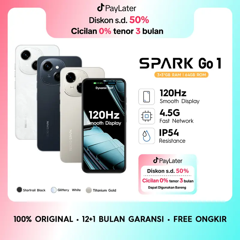 [LAST STOCK] TECNO SPARK Go 1 – 3+3GB*+64GB, 120Hz Display, T615+4.5G Network, 5000mAh+15W, IP54, Android 14, Garansi 12+1 Bulan 0