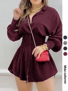 Vestido de mujer de color sólido con cintura plisada y manga larga, estilo elegante y casual, perfecto para las estaciones de primavera y otoño
