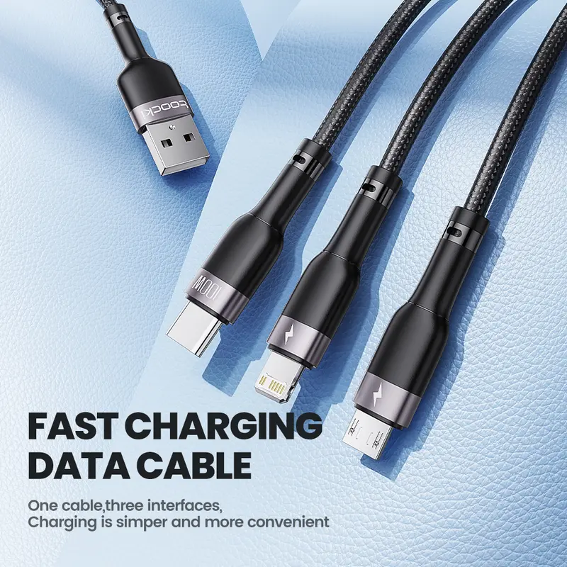 Cáp dữ liệu sạc 3 trong 1, Toocki, Công suất 100W, 1.2m,Tương thích với Micro USB, Type-C và iOS, Thích hợp cho iPhone, Samsung, Huawei, Xiaomi Phụ Kiện 1