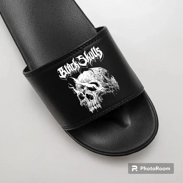 Sandal Slop Karet Dewasa Unisex Black Skull - Sendal Slip On Flip Flop - Selop, Shoes Flat Wanita Pria Jelly Hitam Putih Casual Elegant