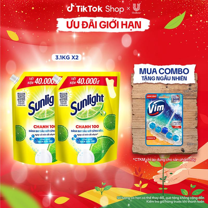  COMBO 2 Nước Rửa Chén Bát Sunlight Chanh 100 | Sạch Dầu Mỡ Đồ Nhựa | Túi 3.1Kg  1  