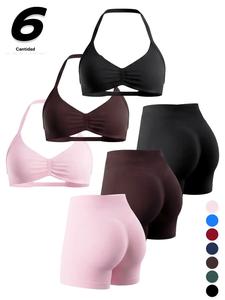 Conjunto de 6 piezas para mujer: top corto y shorts de verano, ropa deportiva sin costuras con moldeado, soporte fuerte, alta elasticidad y estilo sexy ajustado.