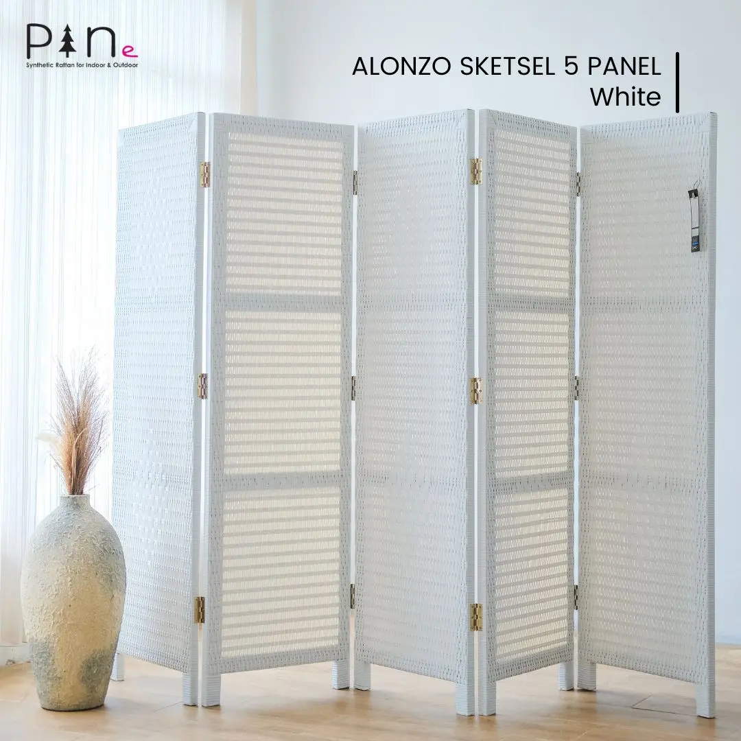 Sekat Partisi Ruangan Pine Rotan Sintetis Alonzo Sketsel White 5 Panel Pine Rotan