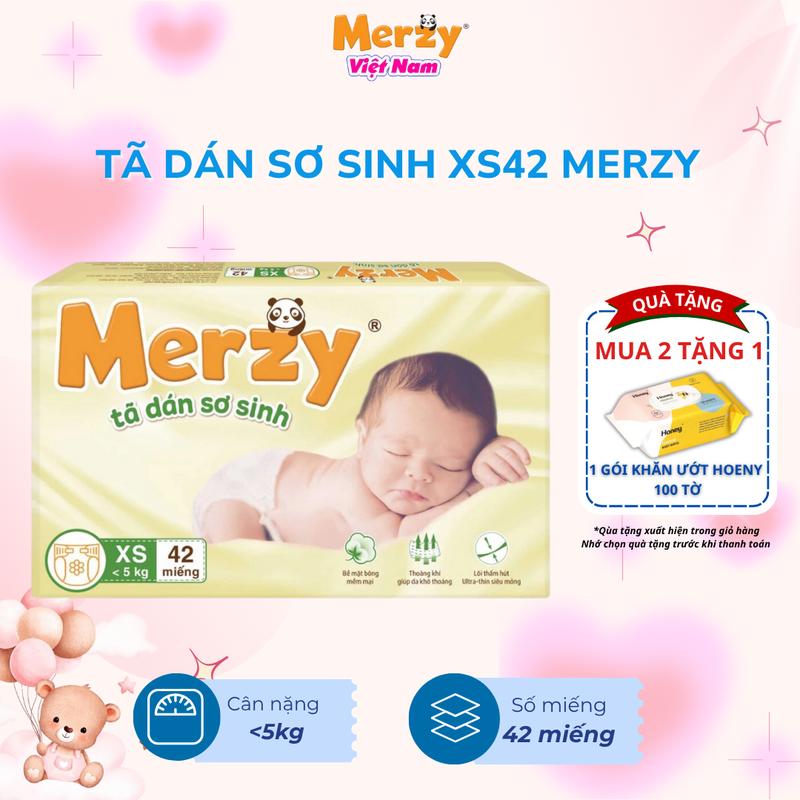 Tã Dán Merzy Newborn XS42 Cho Trẻ Sơ Sinh Dưới 5kg - Khô Thoáng, Mềm Mại, Giúp Bé Ngon Giấc [ MUA 2 TẶNG 1 KHĂN ƯỚT HONEY]