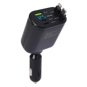 5in1巻き取り式車載充電器、USB 3.1A・Type‑C、急速充電対応の巻き取りケーブル（USB‑C）、電圧検出機能付き。iPhone 16/15/14／S24／S23、iPad、タブレット、Samsung、Xiaomi、Huaweiに対応。