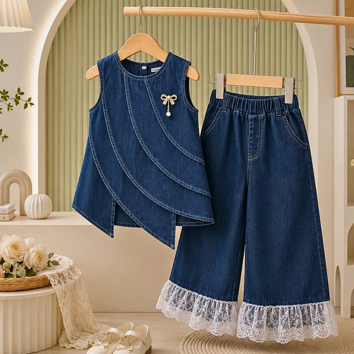 Setelan anak perempuan virall 2in1 atasan jeans layer celana kulot lace usia 3 - 11 tahun korean style import set anak cewek OOTD kondangan vest denim kekinian - COD