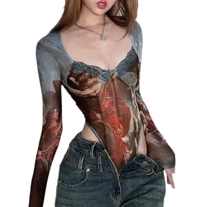 [HEYSOUL] New Ancient Greek Personalized Printed Light Mesh Jumpsuit Female Hot Girl V-Neck Lace Splicing Top Bodysuits Wanita Safety Rompi Handsock Topi