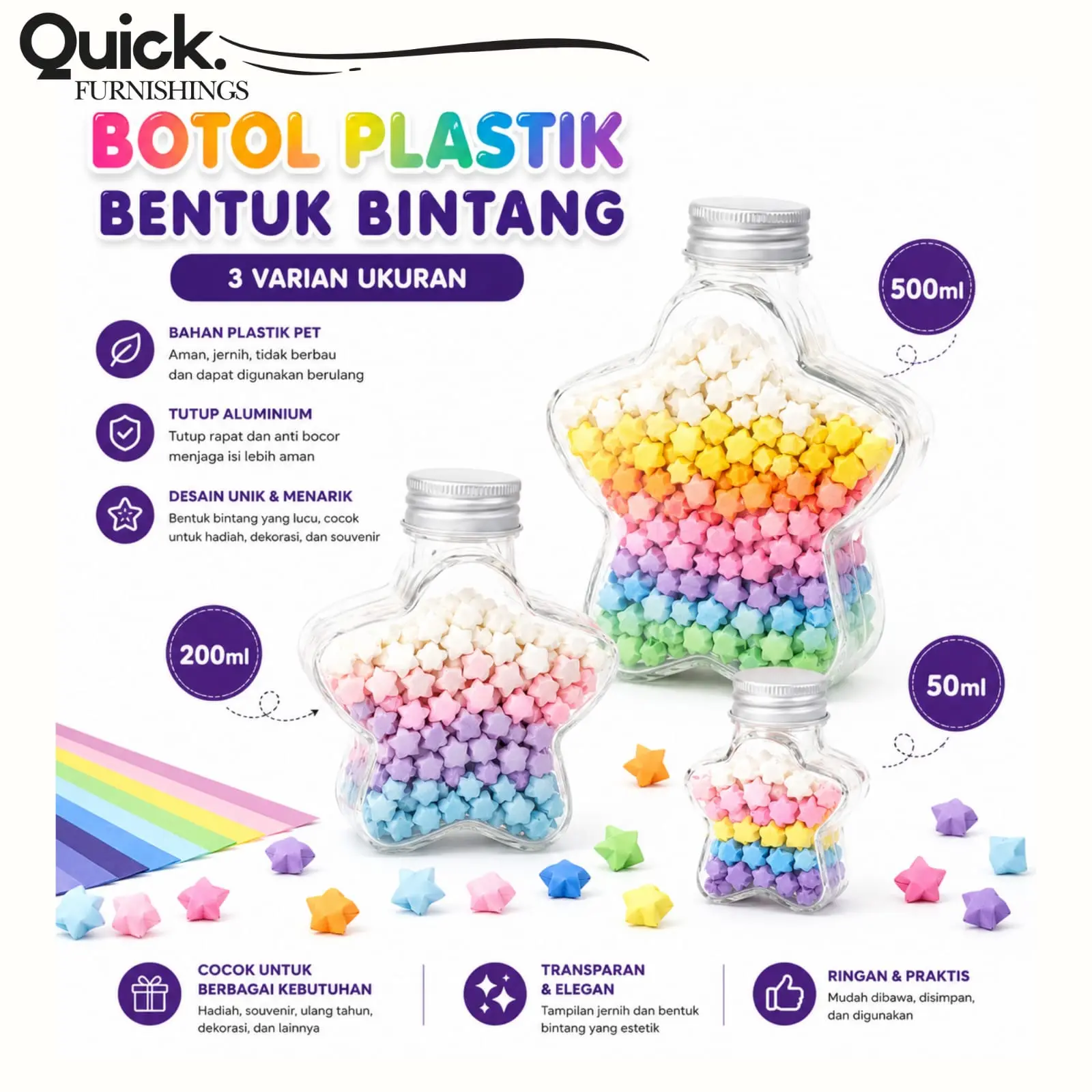 Botol Bintang Origami Cup DIY Hadiah Ulang Tahun Buatan Tangan 50ml 200ml 500ml Botol origami kreatif