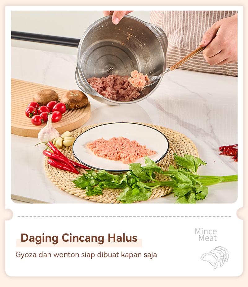 Penggiling/blender daging rumah tangga untuk daging, sayuran, dan buah-buahan, kapasitas 2 liter.