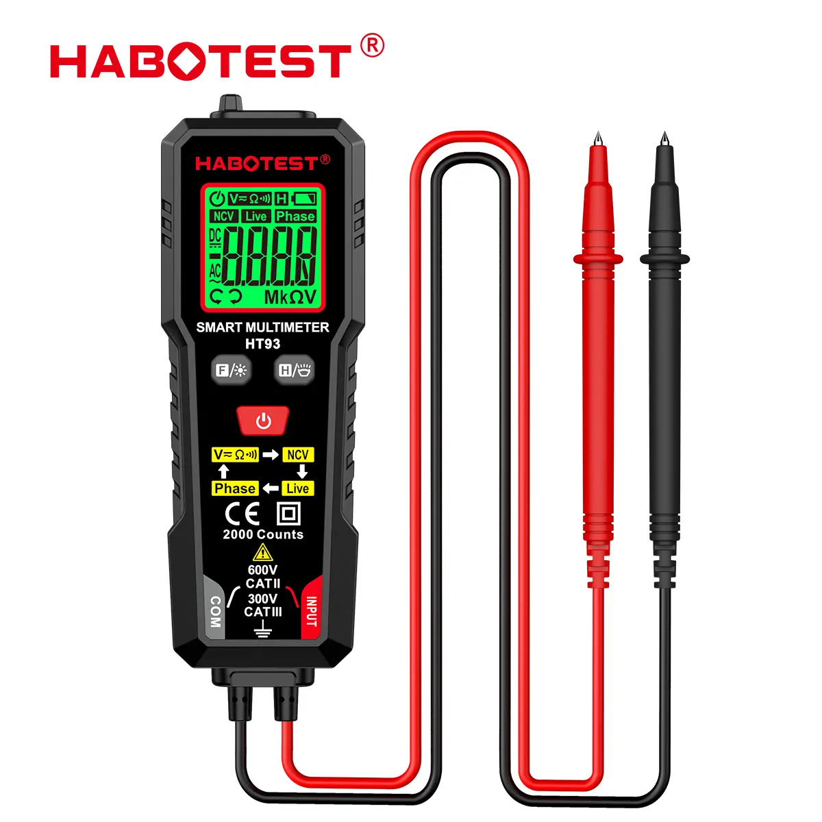 HT93 Digital Multimeter 600V AC/DC Voltage 2000 Counts Auto Range Resistance Continuity NCV Live Wire Test Smart Multimetro Tester
