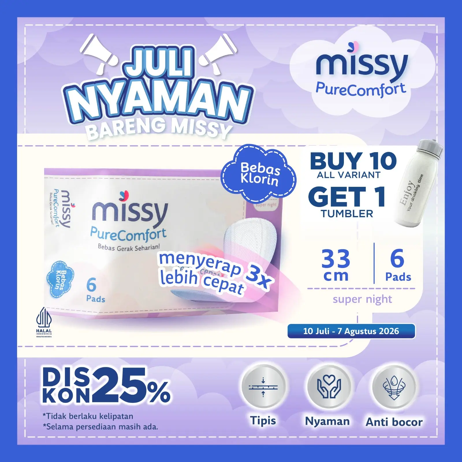 Pembalut MISSY PURE COMFORT SUPER NIGHT 33 cm / Bebas Bergerak / Menyerap 3x Lebih cepat Bebas Klorin Pembalut dan Pantyliner Wanita / Wings 33mm 6 pads / Perawatan Miss V Menstrual Cup Tampon Menstruasi / Anti Jamur Virus / Bebas Bocor Keputihan Kering