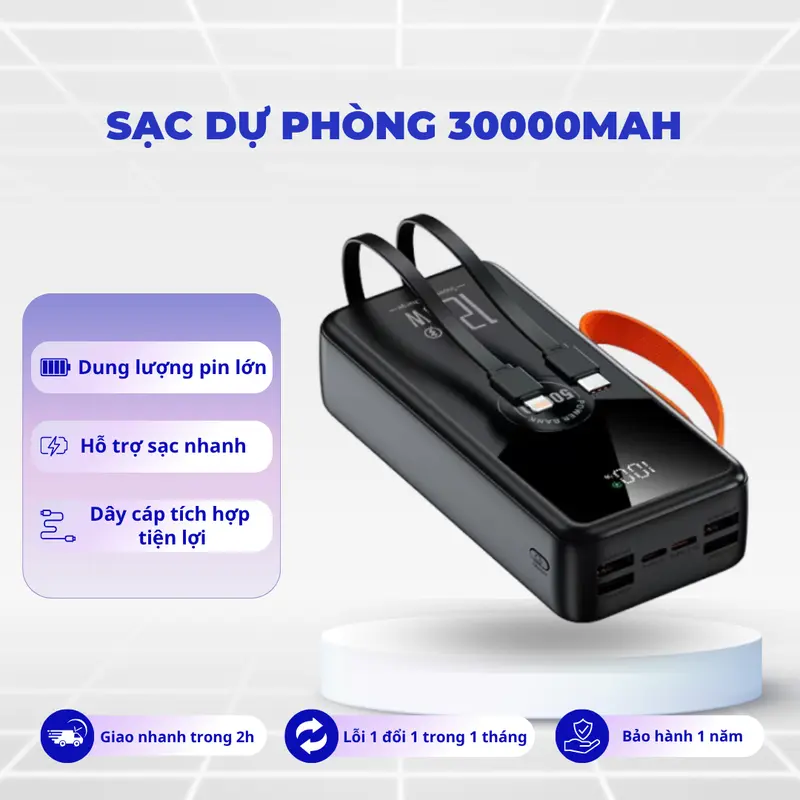 [Tặng sạc 3 đầu] Pin sạc dự phòng NT30 dung lượng lớn 30000mAh sạc nhanh 22,5W tích hợp dây sạc 0